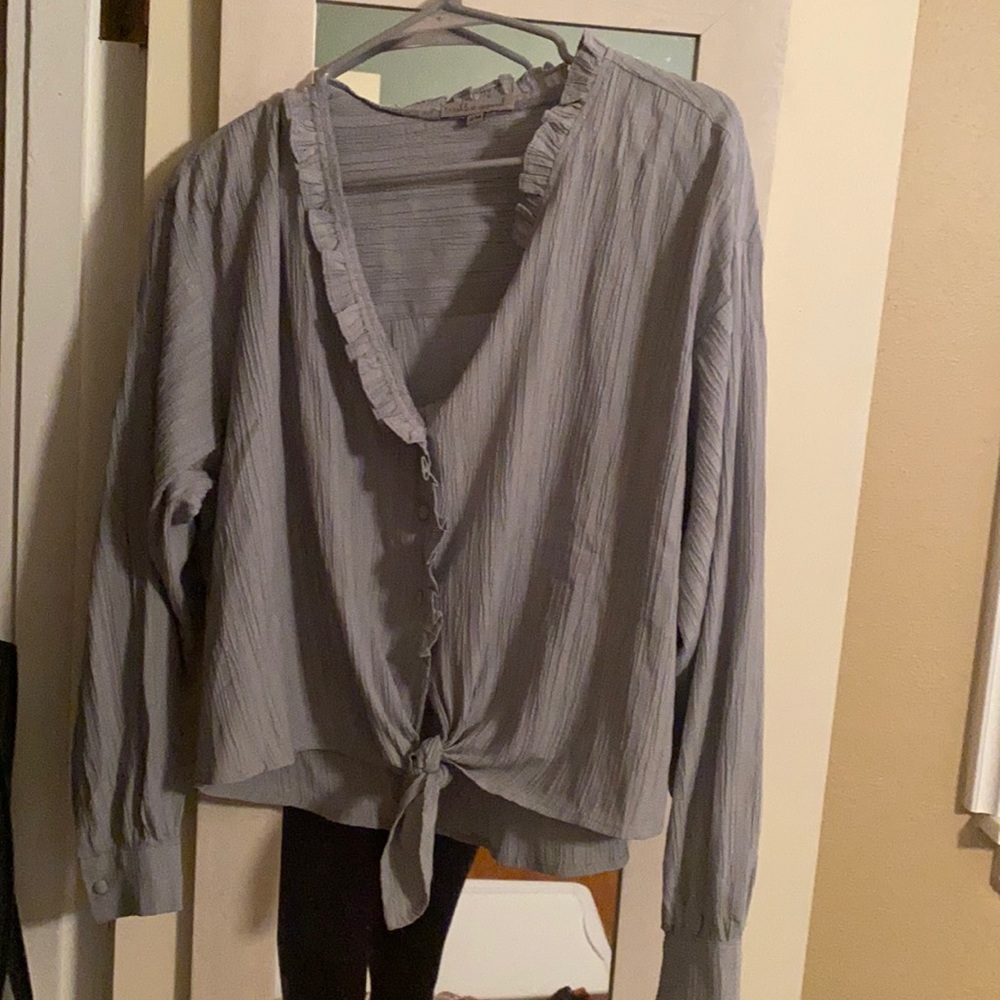 Blue ruffle tie up shirt